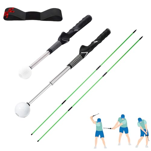 Retractable Golf Swing Trainer with 2 Alignment Sticks – Training Aid for Grip, Strength & Tempo, Swing Mechanics, Arm Band, Indoor/Outdoor Practice, Right/Left Handed