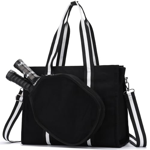 VASCHY Pickleball Tote Bags For Women With Fence Hook, Canvas Pickleball Paddle Holder Case Work/Gym/Sports Tote for 2 Rackets - color: Black