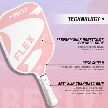 Recly Pickleball Paddles, Carbon Fiber Pickleball Paddle with UV Printed Finish & Sure-Grip Elongated Handle 14MM,USAPA Approved for Beginner and Professional Players - color: pink