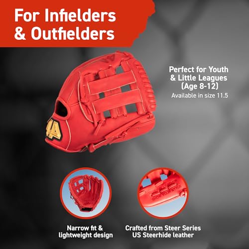 44 PRO BB Stock Rise Baseball Glove for Youth & Little Leagues, Age 8-12, Infield & Outfield, 11.5", H-Web, Easy Break-in, Narrow Fit & Lightweight Design - color: Red, size: Right Hand Throw