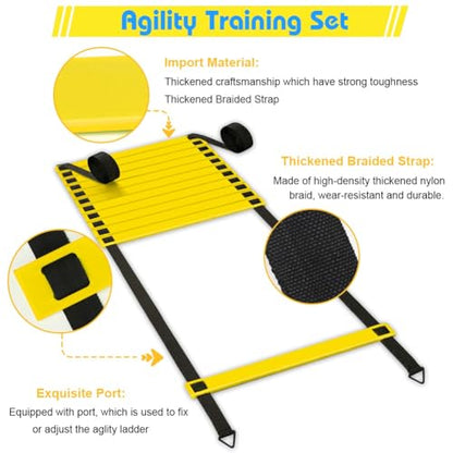 Soccer Speed Agility Training Set - 20FT Agility Ladder 12/16 Sports Cones and Soccer Kick Trainer Football Training Equipment Footwork Drills for Youth and Adults - color: Yellow, style: Agility Ladder+Cones