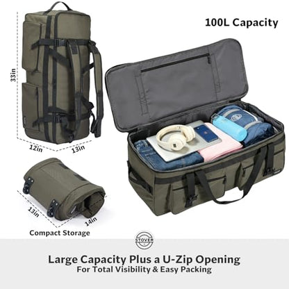 STOVER 45/80/100L U-Zip Rolling Duffel Bag with Wheels, X-Large Durable Travel Duffle + Toiletry Bag, Lay-Flat Opening, Packable w/Shoulder Straps- Use as Luggage or Backpack, Men/Women (Green) - color: U-Zip Green