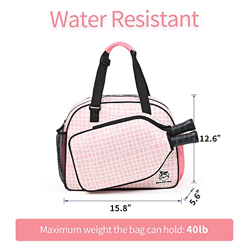 Boulder Bee Pickleball Bags, Premium Pickleball Tote Bag for Girls, Women’s Hand/Shoulder Gym Bag w Water Bottle Holder, with Pickleball Racquet/Paddle Holder - color: Pink Plaid