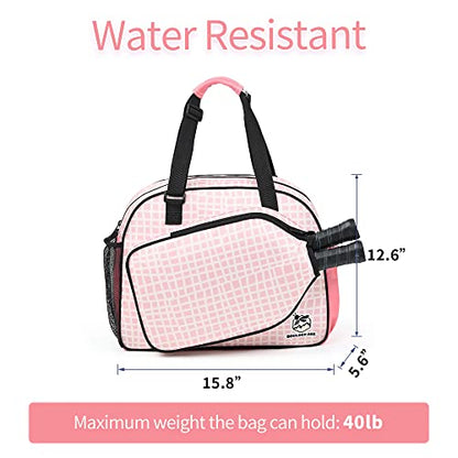 Boulder Bee Pickleball Bags, Premium Pickleball Tote Bag for Girls, Women’s Hand/Shoulder Gym Bag w Water Bottle Holder, with Pickleball Racquet/Paddle Holder - color: Pink Plaid