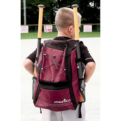 Athletico Youth Baseball Bag - Bat Backpack for Baseball, T-Ball & Softball Equipment & Gear | Holds Bat, Helmet, Glove | Fence Hook - color: Maroon