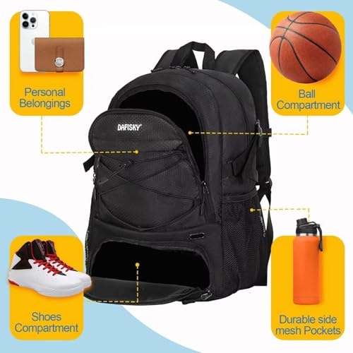 DAFISKY Basketball Backpack, Basketball Bag with Ball Holder Shoes Compartment, Sports Equipment Bag for Soccer Ball, Volleyball - color: Black