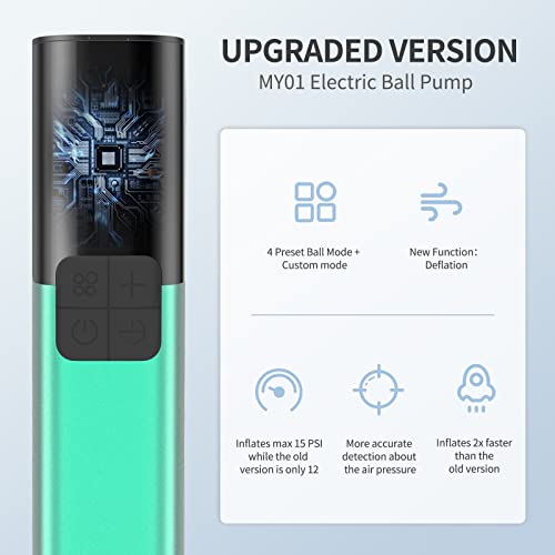 Pumteck MY01 Electric Ball Pump with Inflation & Deflation, Accurate Pressure Gauge and 4 Preset Modes, Automatic Ball Pump for Basketball, Soccer, Football and Volleyball (Max 15 PSI) - color: Green