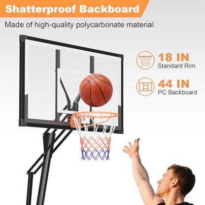 Portable Basketball Hoop, Outdoor 5-10FT Manual Crank/Hand Pull Adjustable Basketball Goal with 44 Inch PC Backboard & Wheels, Basket Ball Portable Hoops Backyard, Driveway (Hand Pull Handle)
