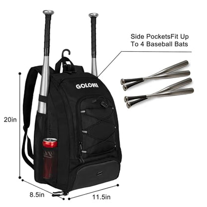 Goloni 40L Baseball Bag, Softball Bat Bag with Shoes Compartment,Fence Hook,Backpack for Baseball, T-Ball & Softball Equipment & Gear