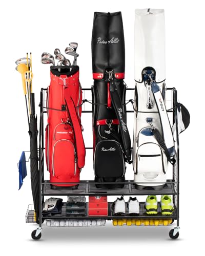 Golf Bag Storage Garage Organizer- Golf Bag Stand Fit for Golf Bags, Golf Clubs, Golf Balls, Golf Equipment Accessories, Golf Bag Storage Rack with Wheels for Garage - color: Black - 3 Golf Bag Organizer