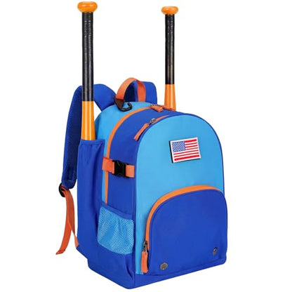 Choco Mocha TBall Bag for Toddler, Kids Baseball & Softball Backpack with Bat Holder - color: Blue Orange
