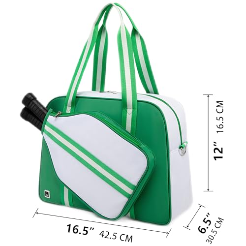 ROYALFAIR Pickleball Tote Bag for Women Men Large Capacity with Paddle Cover Pocket and Adjustable Shoulder strap - color: Green