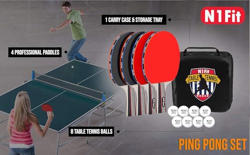 N1fit Ping Pong Paddles - Set of 4 High-Performance 5-Ply Rackets, 8 Professional 3-Star Table Tennis Balls, Portable Storage Case for Indoor-Outdoor Games