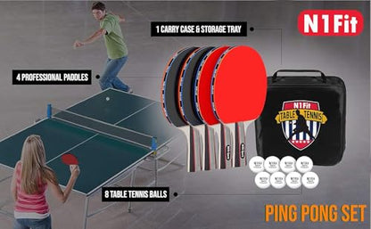 N1fit Ping Pong Paddles - Set of 4 High-Performance 5-Ply Rackets, 8 Professional 3-Star Table Tennis Balls, Portable Storage Case for Indoor-Outdoor Games