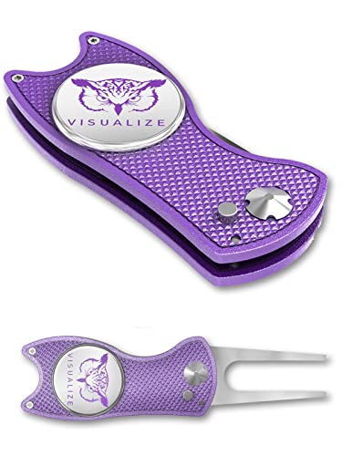 VISUALIZE Elite Switchblade Golf Divot Repair Tool Set with Ball Marker - Sturdy Anodized Aluminum - Perfect Golf Accessory Gift - color: Laser Purple