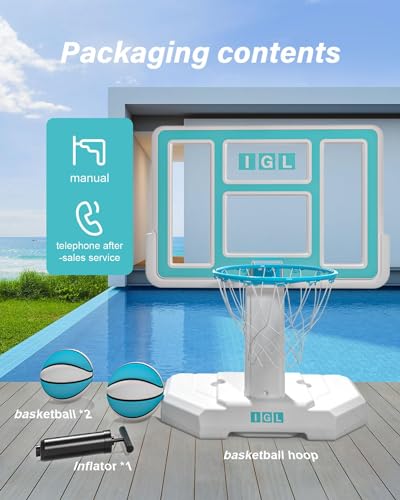 IGL Pool Basketball Hoop Outdoor, Outdoor Poolside Basketball Hoop, Base & Stand Double Water Storage with 2 Ball & Inflator, Stainless Steel Basketball Rim, Fixed Height - size: 44in Backboard