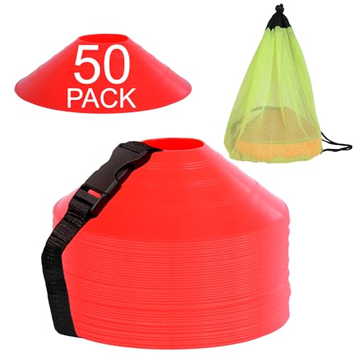 Athllete Durable and Flexible Soccer Cones (Set of 50) - Highly Visible Cones for Sports Training - Ideal Soccer Cones for Training - color: 50 Pack, Red