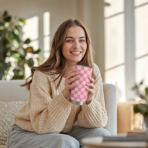 SANDJEST Checkered Tumbler 20oz Stainless Steel Insulated, Checker Travel Coffee Cup, Bow Gifts for Women Girls Teen, Birthday Christmas (Pink) - color: Checker (Pink)