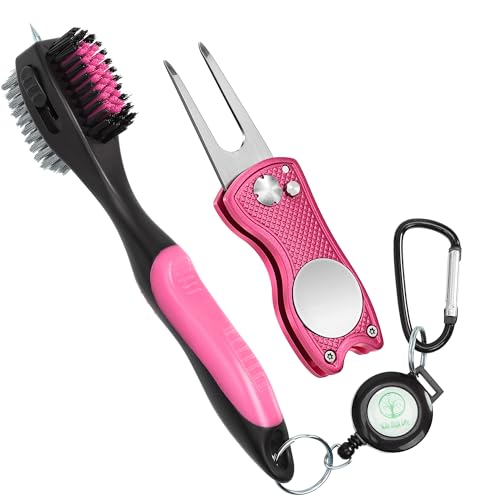 Mile High Life Golf Club Brush, Club Groove Cleaner with 2 Ft Retractable Extension Cord and Aluminum Carabiner, Golf Bag Accessories for Men and Women - color: 2 Pack (Pro Head Pink Brush & Divot Tool)