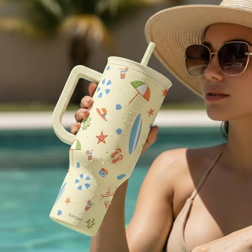 SANDJEST Beach 40oz Tumbler with Handle and Straw, Insulated Stainless Steel Travel Coffee Mug for Women Girls Beach Lovers, Gift Idea for Birthday Christmas Mothers Day Summer Vacation (Color) - color: Beach Lover 1
