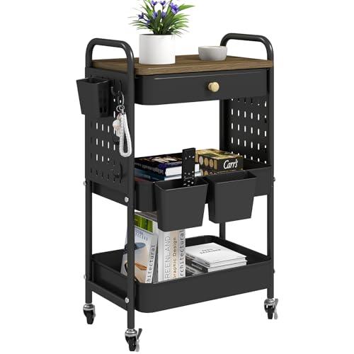 danpinera 3-Tier Rolling Cart, Metal Rolling Storage Cart with Wooden Table Top & DIY Pegboards, Storage Cart with Wheels, Hooks & Hanging Cups, Storage Organizer Cart Craft Art Cart, Black - color: Black, size: with pegboards