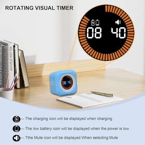 Rotating Cube Visual Pomodoro Timer 5, 25, 10 50 Minutes Preset + Custom Countdown, Rechargeable Desk Productivity Flip Timer with Detachable Silicone Cover for ADHD Study Work Kitchen School (Black) - color: Black