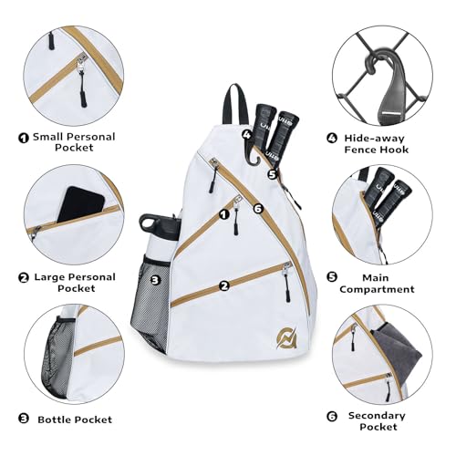 A11N SPORTS Pickleball Bag, Reversible Crossbody Sling Bag/Backpack for Women Men - color: White& Gold