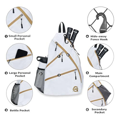 A11N SPORTS Pickleball Bag, Reversible Crossbody Sling Bag/Backpack for Women Men - color: White& Gold