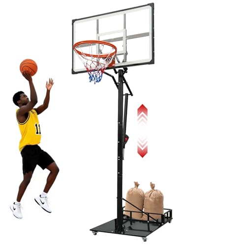 Heavy Duty Basketball Hoop Outdoor, 8-10ft Height Adjustable Basketball Goal System with Crank Handle, 44" Shatterproof PC Backboard & Spring Rim, Portable Basketball Hoop with Iron Base for Driveway