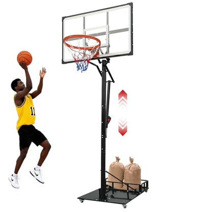 Heavy Duty Basketball Hoop Outdoor, 8-10ft Height Adjustable Basketball Goal System with Crank Handle, 44" Shatterproof PC Backboard & Spring Rim, Portable Basketball Hoop with Iron Base for Driveway