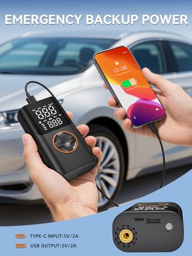 Tire Inflator Portable Air Compressor, Bike Pump with Gauge and USB Charging Output, 150PSI Fast Inflation Portable Tire Inflator for Car Bicycles Motorcycles Scooter Balls