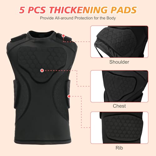 Youth Football Padded Shirt, Chest Rib Protector, Compression Padded Vest with 5-Pad for Sports Paintball Football Baseball Lacrosse - size: Medium, style: Black