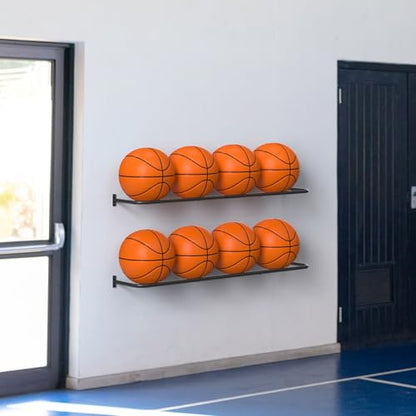 Ball Rack Wall Mount with 2 Separate Shelf, Basketball Holder Storage Wall Mount with 8 Ball Capacity, Garage Sports Equipment Organizer
