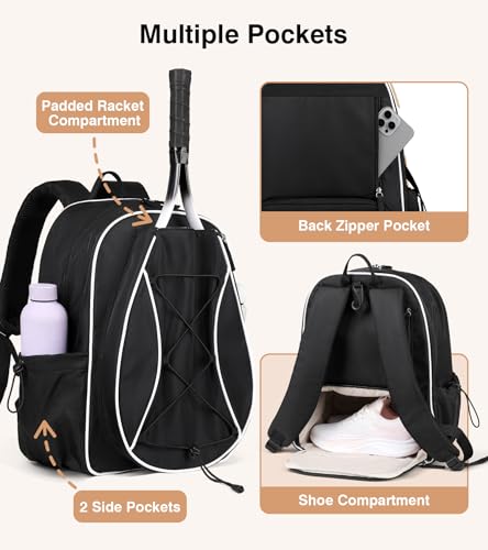 Marvolia Tennis Bags for Women Men, Tennis Backpack Holds 2 Rackets with Ventilated Shoe Compartment & Wet Pocket, Tennis Racket Bag Backpack for Pickleball Tennis Badminton - color: Black