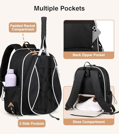 Marvolia Tennis Bags for Women Men, Tennis Backpack Holds 2 Rackets with Ventilated Shoe Compartment & Wet Pocket, Tennis Racket Bag Backpack for Pickleball Tennis Badminton - color: Black