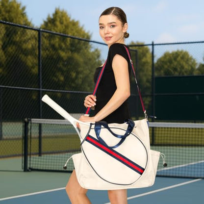 Tennis Bag for Women Racket Tote, Stylish Backpack - Unisex Racquet Sports Pickleball Bag Convertible Shoulder, Crossbody Strap Large Compartment - color: Tote - Ivory/Red Stripe