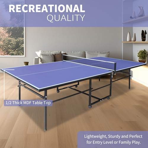 IUNNDS Portable Table Tennis Table 6/8/8.5/9FT Foldable Ping Pong Game Set for Indoor with Net and Post Set, 2 Paddles and 3 Balls - color: Blue-9x4.1FT