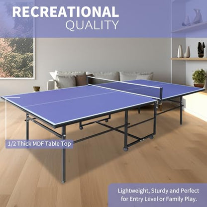 IUNNDS Portable Table Tennis Table 6/8/8.5/9FT Foldable Ping Pong Game Set for Indoor with Net and Post Set, 2 Paddles and 3 Balls - color: Blue-9x4.1FT