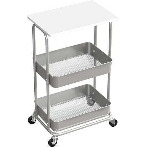 Simple Houseware 2-Tier Rolling Utility Cart with Lockable Wheels and Wood Top, Metal Storage Organizer Trolley for Kitchen, Bathroom, Office, Craft Room, White