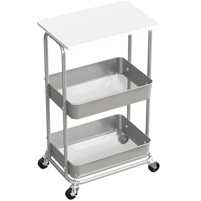 Simple Houseware 2-Tier Rolling Utility Cart with Lockable Wheels and Wood Top, Metal Storage Organizer Trolley for Kitchen, Bathroom, Office, Craft Room, White