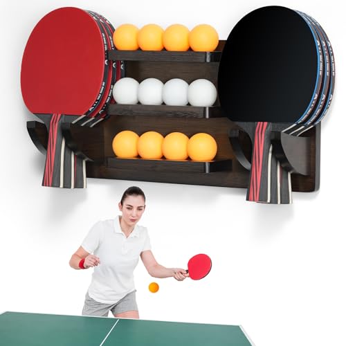 Ping Pong Paddle Holder Wall Mounted Table Tennis Racket Display for 6 Paddles and 12 Balls Storage, Ping Pong Accessories Organizer in Game Room, Man Cave, Bar Room, Garage, Office, Home