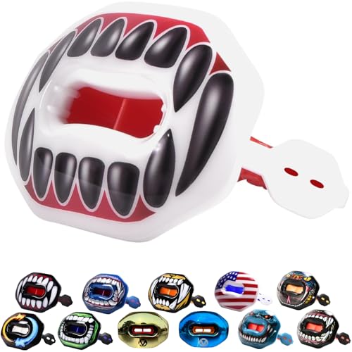 Oral Mart Flag Football Mouth Guard with 3D LipFit Design for Kids - Youth Football Mouthguard (No Boil) Cool Instant Fit Lip Guard Mouthpiece for Braces (Detachable Helmet Strap Included) - color: White and Red (Black Fangs)