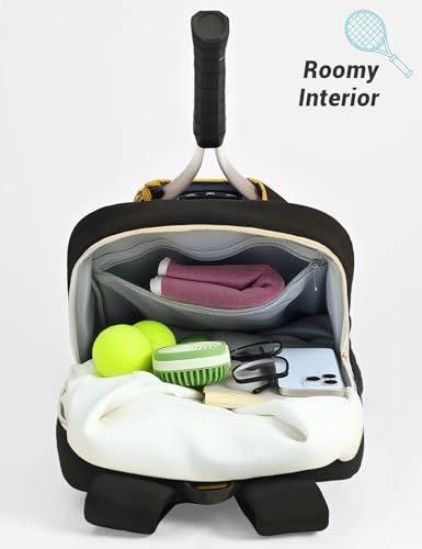 Quilted Tennis Bag for Women Men- Large Tennis Backpack Holds 2 Rackets with Ventilated Shoe Compartment & Wet Pocket - color: Black