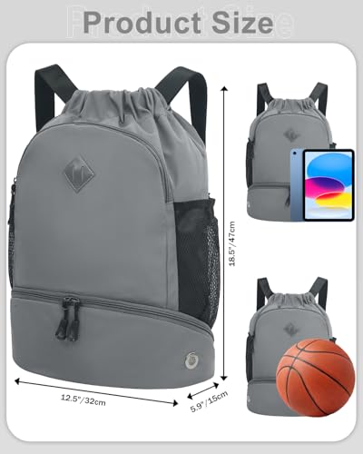 RHDZO Drawstring Backpack Gym Backpack with Shoe Compartment for Men Women String Sports Bag with Wet Pocket Cinch Swim Beach Bag, Large Gray - color: Large Gray