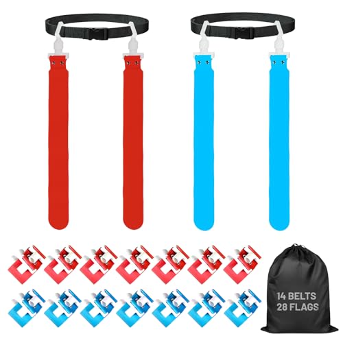 Flag Football Belts, 14 Player Adjustable Flag Football Set with 28 Flags for Youths Adults - Fits Up to 22-46" Waist - color: Red, Blue