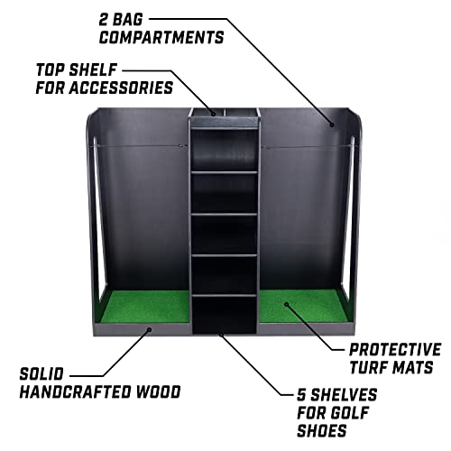 GoSports Premium Wooden Golf Bag Organizer and Storage Rack - Black, White or Brown Finish - Holds 2 Golf Bags