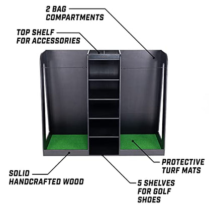 GoSports Premium Wooden Golf Bag Organizer and Storage Rack - Black, White or Brown Finish - Holds 2 Golf Bags