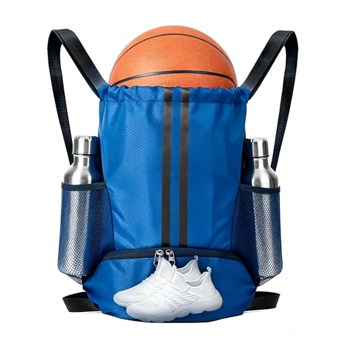 Blue Sports Drawstring Backpack with Shoes Compartment, String Gym Bag with Wet Proof Pocket for Basketball, Soccer, Swim, Sport Bag for Men and Women - color: Blue