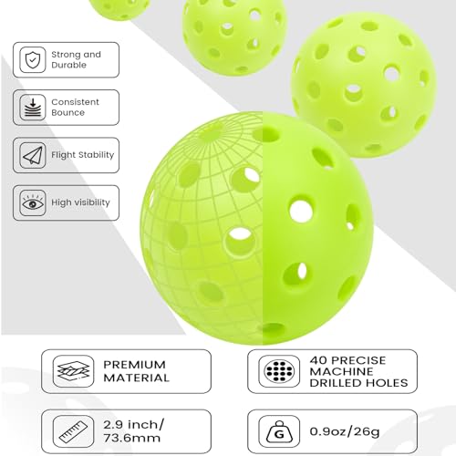 Pickleball Balls 6/12 Pack, Outdoor/Indoor Pickleball Ball - Balanced Flight, High Bounce, Superior Visibility - 40 Hole Green Pickle Ball Suitable for Most Floor Sport Courts