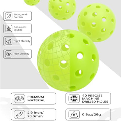 Pickleball Balls 6/12 Pack, Outdoor/Indoor Pickleball Ball - Balanced Flight, High Bounce, Superior Visibility - 40 Hole Green Pickle Ball Suitable for Most Floor Sport Courts